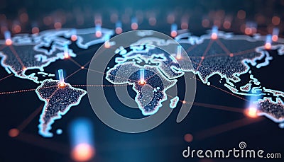 Global network of blockchain nodes. World map shows peer-to-peer connections. Decentralized data distribution illustrated with Stock Photo
