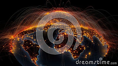 A global network of communication lines connecting people across continents, visualizing the real-time interactions enabled by the Stock Photo