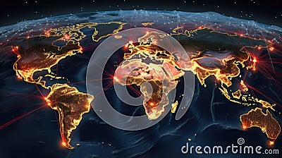 A global network of communication lines connecting people across continents, visualizing the real-time interactions enabled by the Stock Photo