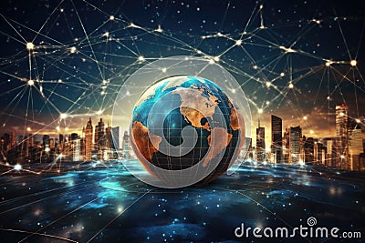 Global network connection concept with earth globe on city background. 3D rendering, Communication technology for internet Stock Photo