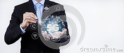 Global network connection 5G on hand business man.Global network connection 5G with icon concept, technology network wireless syst Stock Photo