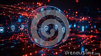 Global network connections digital globe visualization cybersecurity icons. Secure network tech. Global protection system. Stock Photo