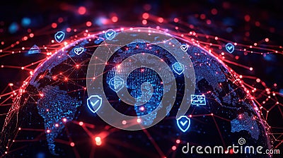 Global network connections visualizing cybersecurity icons. Digital globe shows secure global tech system. Network connections, Stock Photo