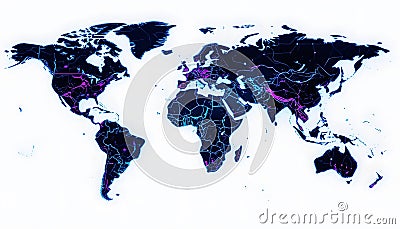 Global Network Connectivity Map: A Futuristic Visualization of Worldwide Data Flow and Interconnections Stock Photo
