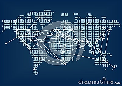 Global network connectivity represented by dark blue world map with connected lines Vector Illustration