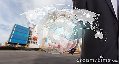 Global network coverage world map on hand of businessman ,Industrial Container Cargo freight ship at habor for Logistic Import Ex Stock Photo