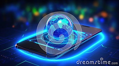 global network and data exchanges over the world 3D rendering Wireframed blue digital world map on AI Generated Stock Photo
