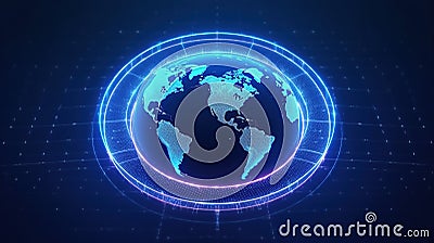 global network and data exchanges over the world 3D rendering Wireframed blue digital world map .AI Generated Stock Photo
