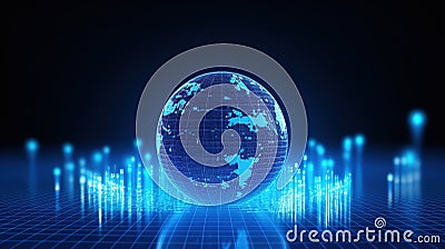 global network and data exchanges over the world 3D rendering Wireframed blue digital world map AI Generated Stock Photo