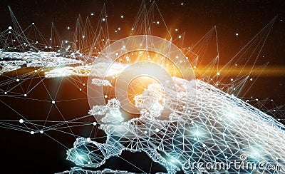 Global network and datas exchanges over the planet Earth 3D rend Stock Photo