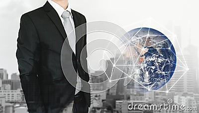 Global network and international global business. Double exposure businessman and city background with global network connection h Stock Photo