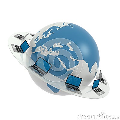 Global network the Internet. Laptops around world Stock Photo