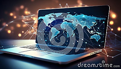 Global network, laptop, interconnected data points, world map overlay, digital collaboration Stock Photo