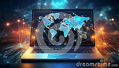 Global network, laptop, interconnected data points, world map overlay, digital collaboration Stock Photo