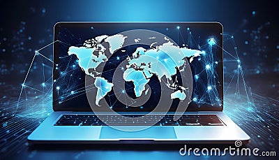Global network, laptop, interconnected data points, world map overlay, digital collaboration Stock Photo
