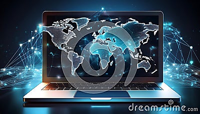 Global network, laptop, interconnected data points, world map overlay, digital collaboration Stock Photo