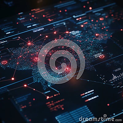 Global Network Map Data Visualization of Interconnected Systems and Nodes AI generated. Stock Photo