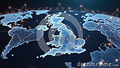 Global network map UK connections. Advanced tech design shows UK location with illuminated dots representing global communication Stock Photo