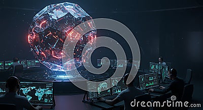 Global Network Monitoring: A Futuristic Control Center Observes a Complex Data Sphere Stock Photo