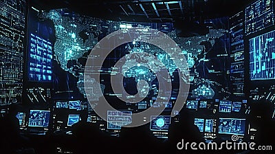 Global Network Monitoring System with Digital World Map Display Stock Photo