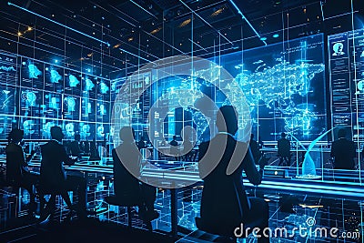 Global Network Monitoring System, Professionals Analyze Real-time Data Streams on Interactive Displays, Visualizin Stock Photo