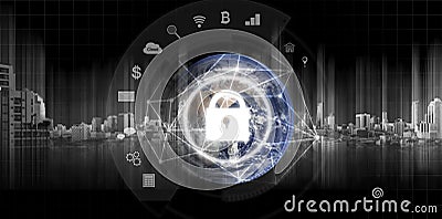 Global network security system technology. Globe and network connection and lock with applications icon. Element of this image are Stock Photo