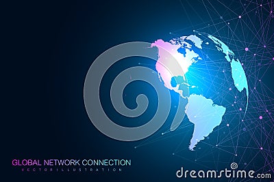 Global network with world map. Abstract vector infinite space background. Perspective backdrop. Digital data Vector Illustration