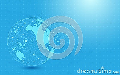 Global network with World map point and lines and triangles, point connecting network on blue background. Vector Illustration