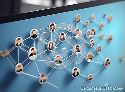 Global networking and teamwork concept. Abstract image of young people with map and connected human recourses icons, generative us Stock Photo