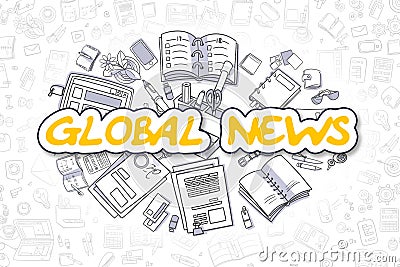 Global News - Doodle Yellow Text. Business Concept. Stock Photo