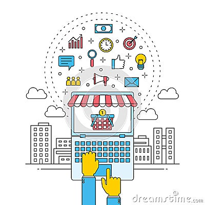 Global online store business. internet commercial shopping in the city. hotel reservation travel Vector Illustration