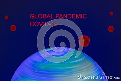 Global pandemic concept. Composition of an colorful from inside illuminated spinning terrestrial globe or globe earth and an Stock Photo