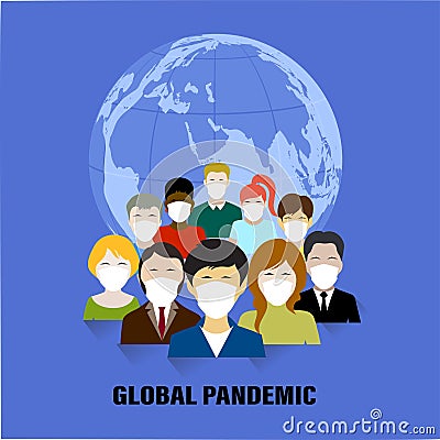 Global pandemic masked people on planet background vector illustration Vector Illustration