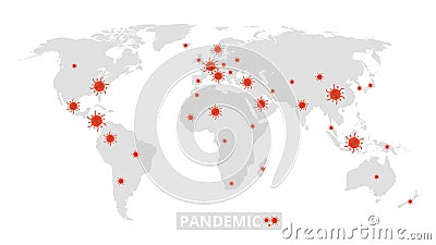 Global pandemic. World map virus epidemic. Information banner with coronavirus covid 19 spread. Infection in different Vector Illustration