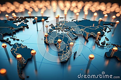 Global perspectives, location marks on an abstract world map backdrop Stock Photo