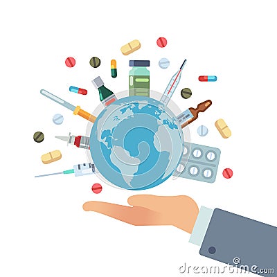 Global pharmaceuticals. Hand hold earth globe with pills vaccines and drugs, different bottles and syringes, world Vector Illustration