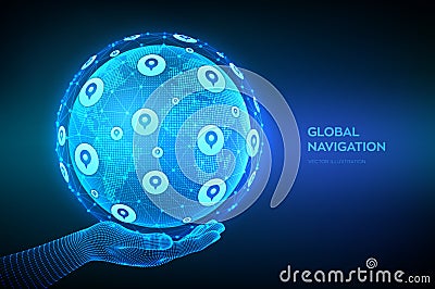 Global Positioning System. GPS tracking services. Navigation concept. Navigate mapping technology, locate position pin. World map Cartoon Illustration