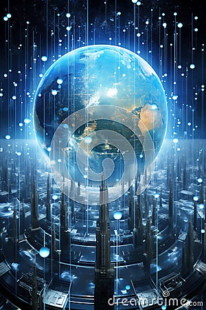 Global satellite communication showing big data being transmitted across the world while using the internet Cartoon Illustration