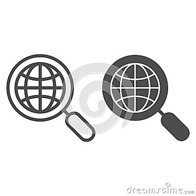 Global search line and glyph icon. Earth and magnifying glass vector illustration isolated on white. Globe search Vector Illustration