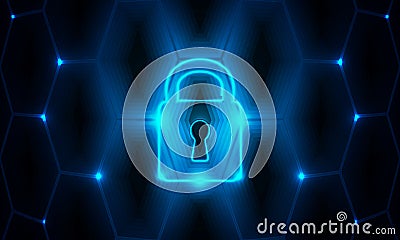 Global security concept. Dark abstract vector background with blue light padlock. Vector Illustration