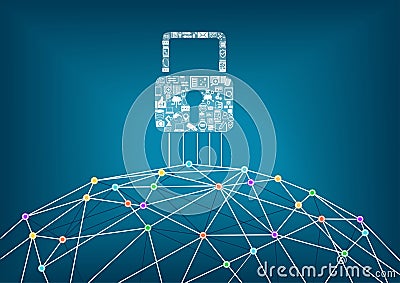 Global IT security protection concept of connected devices. Vector Illustration