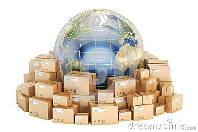 Global shipping and delivery concept, parcels cardboard boxes wi Stock Photo