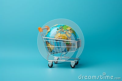 Global shopping Trolley on blue globe surface symbolizes worldwide retail accessibility. Stock Photo