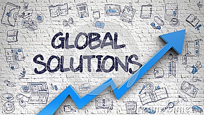 Global Solutions Drawn on White Brick Wall. Stock Photo