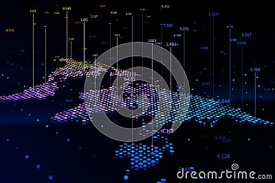 Global stats and big data concept with digital graphic colourful dotted world map and indicators on abstract dark background, Stock Photo