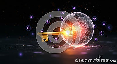 Global Strategy Concept Key to Unlock Knowledge Network Illuminated golden key unlocking a glowing earth symbolizing global Stock Photo