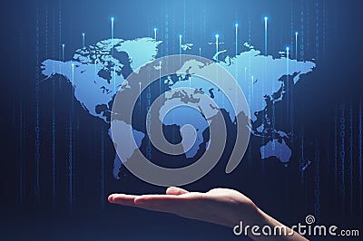 Global technologies. Collage with male hand, world map and computer binary code on blue background Stock Photo