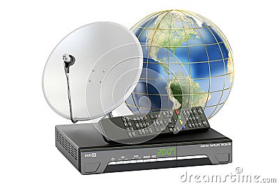Global telecommunications concept. Digital satellite receiver wi Stock Photo