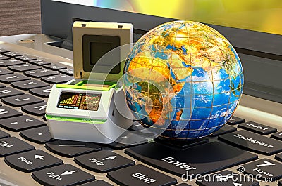 Global testing concept. PCR Thermal Cycler with Earth Globe on the laptop keyboard, 3D rendering Stock Photo