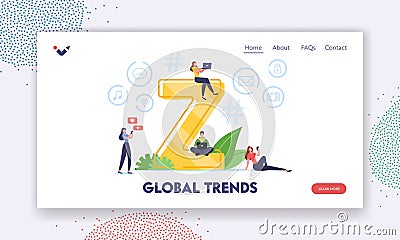 Global Trends Landing Page Template. Characters with Gen Z Virtual Communication. Tiny People with Smartphones Vector Illustration